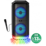 Media-Tech POWER AUDIO TWS is a portable Bluetooth 5.3 speaker with disc lighting. KARAOKE, FM radio, MP3, 50W RMS / 900W PMPO,