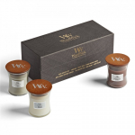 WoodWick Mini Jar Woody Giftset vahak&uuml;&uuml;nal Silinder Puit Pruun, Valge 3 tk