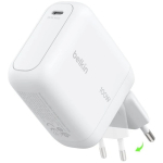 Belkin BOOSTCHARGE 100W USB-C GaN laadija, millel on kokkuvolditav valge pistik (WCH025KQWH)