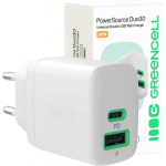 Green Green Cell Greencell PowerSource Duo30 White Charger Plugged In 30W USB-C USB-A Power Delivery QC3.0- 1x USB-C, 1x USB-A