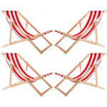 Woodok Set of 4 Comfortable Wooden Sun Loungers with Red Stripes - Perfect for the Beach, Balcony or Terrace, Fully Assembled