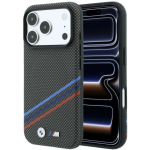 BMW M Quadrille Kevlar-mustriga kolme v&auml;rvi joone ja metalllogo MagSafe kaitse&uuml;mbris, m&otilde;eldud iPhone 18 Pro Max / 17 Pro jaoks