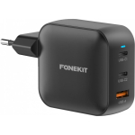 FoneKit GaN PD 100W AC power adapter, USB-C + USB-C + USB-A, black