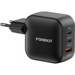 FoneKit GaN PD 70W AC power adapter, USB-C + USB-C + USB-A, black