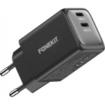 FoneKit GaN PD 48W AC power adapter, USB-C + USB-C, black