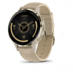 Garmin Venu 3S Soft Gold Stainless Steel Bezel with French Grey Case and Leather Band