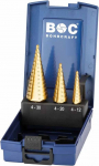 STEP DRILL HSS-TIN WITH SPIRAL-FLUTE IN ABS-BOX 3-PCS. SIZE 1 / 2A / 3A / STB3-KS TIN BOHRCRAFT