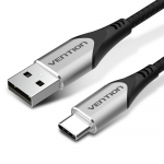 Vention puuvillast punutud USB 2.0 A-t&uuml;&uuml;pi isas-C-t&uuml;&uuml;pi isaskaabel 3A 1M, hall alumiiniumsulamist t&uuml;&uuml;p