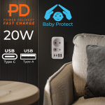 Vooluv&otilde;rgust pesa x2 + 4xUSB Maclean, jaotur 2 pesaga, 2xUSB A, 2xUSB C PD 20W, 1x16A + 1x6A, MCE249 F/W