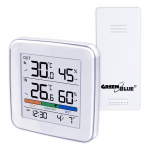 GreenBlue wireless weather station, temperature + humidity IN/OUT, clock + alarm + date, &deg;C / &deg;F selectable, range up to 60m, GB169