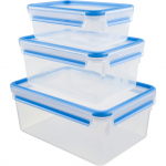 Emsa CLIP & CLOSE food storage container set, 3-piece (transparent/blue, rectangular, 3 containers + 3 lids)