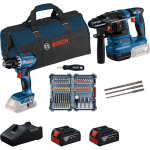 Bosch Powertools 18V professional set hammer drill GBH 18V-22 + drill driver GSR 18V-45 (blue/black, 2x Li-ion battery 4.0Ah, hammer drill and bit set, tool bag)