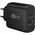 goobay USB-C dual quick charger, PD, GaN, 65 watts (black, 1x USB-C, 1x USB-A, Power Delivery)