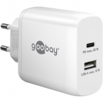 goobay USB-C dual fast charger, PD, GaN, 65 watts (white, 1x USB-C, 1x USB-A, Power Delivery)