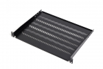 Fixed shelf 19", 1U, depth 350 mm, load capacity 25 kg, 4-point mounting, black, screws and bracket in set.