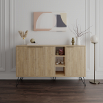 Clara modernne kummut metalljalgadega &ndash; 3 uksega hoiukapp sisemiste riiulitega, laius 142 cm - Tamm