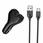Must autolaadija Borofone BZ35 Leader &ndash; 2 x USB-C + USB, PD 30W, USB&ndash;USB-C kaabliga