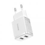 Baseus Compact Quick Charger, 2x USB, 10.5W (valge)