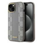 DKNY Leather Checkered Mono Pattern MagSafe iPhone 15 &Uuml;mbris - Beige