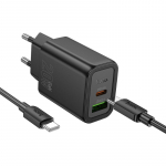 Įkroviklis telefonui Hoco USB A + USB C QC3.0 PD 3A 20W + kabelis USB C į USB C N61 juodas