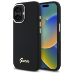 Guess Silicone Script Metal Logo & Frame &Uuml;mbris jaoks iPhone 16 - must
