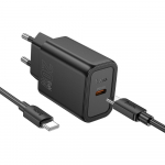 Įkroviklis telefonui Hoco USB C QC PD 20W + kabelis USB C į USB C N60 juodas