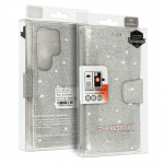 Glitter Magsafe knygos stiliaus dėklas Samsung Galaxy S22 Ultra sidabrinis