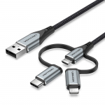 Vention USB 2.0 A Male to 3-in-1 Micro-B & USB-C & Lightning Male kaabel 1 m, hall alumiiniumsulami t&uuml;&uuml;p