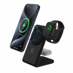 Crong MagSpot Pivot Stand kolm-&uuml;hes juhtmevaba laadija iPhone'ile, Apple Watchile ja AirPodsidele, MagSafe'iga &uuml;hilduv, must