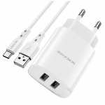 Borofone Sieninis įkroviklis BN2 Super - 2xUSB - 2,1A su USB į Type C baltas