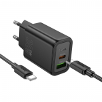 Laadija Hoco N63 30W GaN USB-C/USB-A + USB-C to USB-C kaabel 1.0m must
