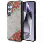 Guess Leather 4G Flowers Print Metal Classic Logo MagSafe &Uuml;mbris jaoks Samsung Galaxy S25 - roosa