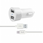 Budi BD622LW autolaadija 2 USB-A pordiga, LED-n&auml;idikuga, Lightning-kaabliga