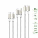 USB-C kuni USB-C PremiumCord 60W komplekt 3 tk 0,5 m+1,5 m+3 m valge / h&otilde;bedane