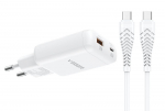 USB-A ja Type-C liidesega telefonilaadija (PD 65 W) + andmesidekaabel Type-C&ndash;C (100 W) VEGER TR122, valge