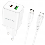 Borofone Sieninis įkroviklis BN7 - USB + Type C - QC 3.0 PD 20W su Type C į Lightning kabeliu baltas