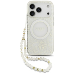Guess IML Flowers Allover Electroplated MagSafe &uuml;mbris p&auml;rlipaelaga mudelile iPhone 18 Pro / 17 Pro &ndash; v&auml;rv: valge