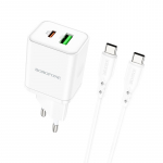 Borofone Wall Laadija BN7 - USB + Type C - QC 3.0 PD 20W with Type C to Type C Kaabel valge
