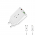SEINALAADIJA T-PHOX SPEEDY USB-C 20W/USB 18W PD QC + KAABEL LIGHTNING 1M VALGE