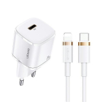 USAMS Tinklo įkroviklis 1xUSB-C T36 mini 20W + Laidas USB-C-Lightning baltas PD3.0 Fast Charging XFKXLOGTL02 (US-CC124+US-SJ484)