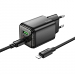 Įkroviklis telefonui Hoco USB A + USB C QC3.0 PD 3A 20W + kabelis USB C į Lightning N52 juodas