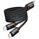 USB Laidas Essager "Double" 2in1 juodas "USB / 2xType-C" 100cm