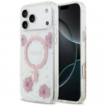 Guess Resin Flowers Glitter MagSafe &uuml;mbris jaoks iPhone 17 Pro Max roosa