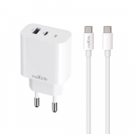 Maxlife MXTC-06-30AC PD QC laadija 1x USB-C 1x USB 30W valge + USB-C - USB-C kaabel 60W