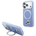 Sinine Karl Lagerfeldi MagSafe-&uuml;mbris 360&deg; r&otilde;ngasaluse ning Karli ja Choupette'i pea embleemidega iPhone 18 Pro Max / 17 Pro Max telefonile