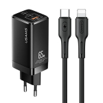 USAMS Tinklo įkroviklis MT 2xUSB-C+USB GaN 65W T33 PD + Laidas USB-C-Lightning 30W Fast Charging juodas MTXLOGTL01