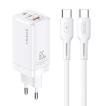 USAMS Tinklo įkroviklis MT 2XUSB-C+USB GAN 65W T33 PD + Laidas USB-C-USB-C 100W FAST CHARGING baltas MTXLOGTC02