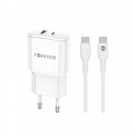 Forever TC-01-20AC PD QC laadija 1x USB-C 1x USB 20W valge + USB-C - USB-C kaabel 20W