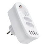 E06 pikendusjuhe, 3 pistikupesa, kuni 16 A, 3 &times; USB-A ja 1 &times; USB-C port, valge