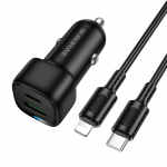 Borofone autolaadija BZ34B Cloud - USB + Type C - QC 3.0 PD 38W koos Type C - Lightning kaabliga musta v&auml;rvi